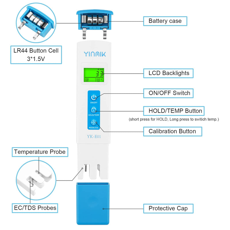 YINMIK Digital pH Meter TDS Meter Combo Accurate Measurement for pH TDS EC Temp with ATC, 2nd Generation Water Quality Tester with Horizontal Display for Hydroponic Swimming Pool Aquarium Blue pH TDS EC Meter