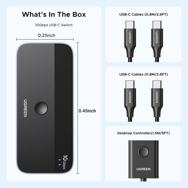 UGREEN USBC Switch 2 Computers Share 4 USB 3.2 Ports, 10Gbps Switcher Selector for PC Laptop Keyboard Mouse, Sharing Switch Adapter with 2 USB-C to C Data Cables and Remote