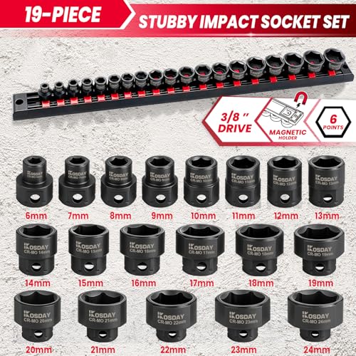 3/8" Drive Low Profile Socket Set, 19-Piece Metric Stubby Impact Socket Set, 6-24mm Nano Sockets Organized in Magnetic Storage Rail 3/8" Metric-19 Pieces