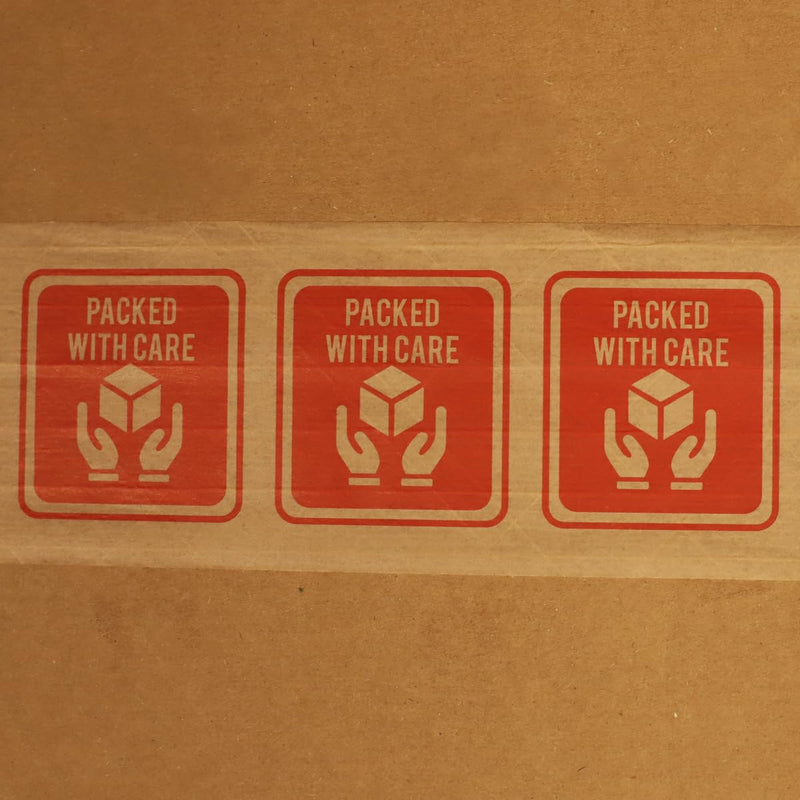 InStockLabels.com Premium Water Activated Tape Fiber Reinforced Packing for Heavy Duty Packaging and Shipping - 3"" x 450', Large Gummed Brown Paper Tape Packed with Care Print