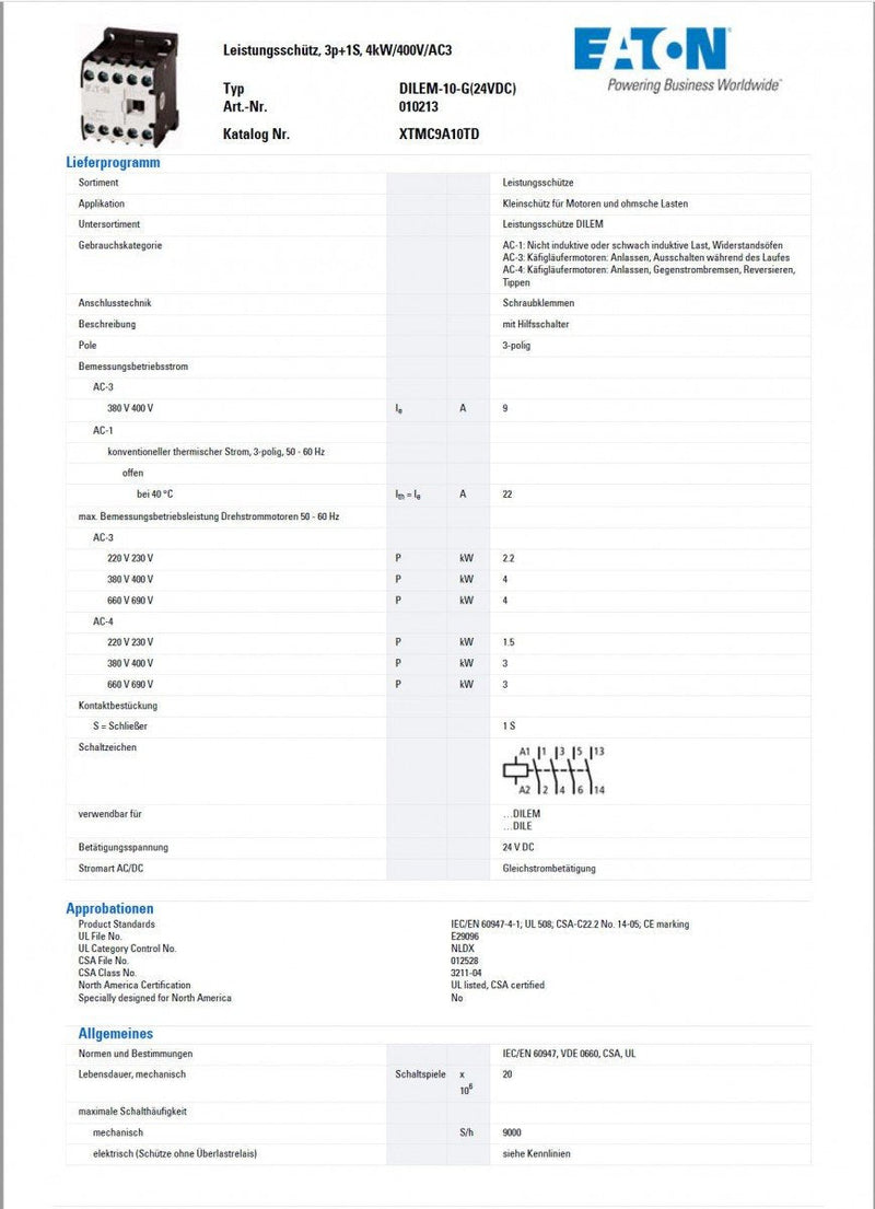 Eaton DILEM-10-G (24VDC) contactor 3 closers 4kW 24 V/DC 9A 1 piece.