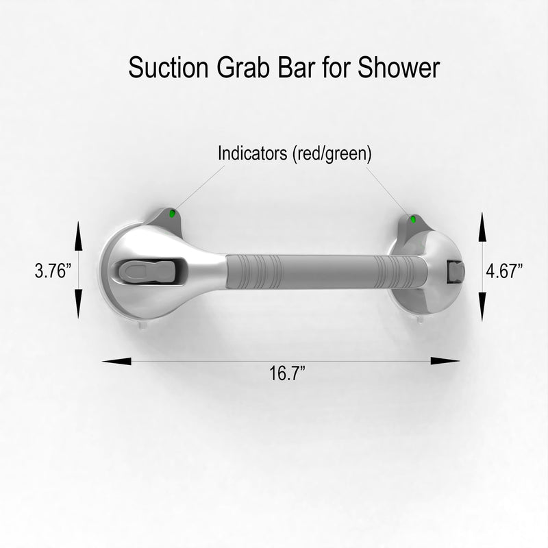 17“ Suction Shower Grab Bar with Indicators, Tool-Free Installation, Steady Handle for Balance Assist for Bathtub, Toilet, Bathroom, Dual Tone, Silver/Gray 2-Pack 17in, Pack of 2 Gray