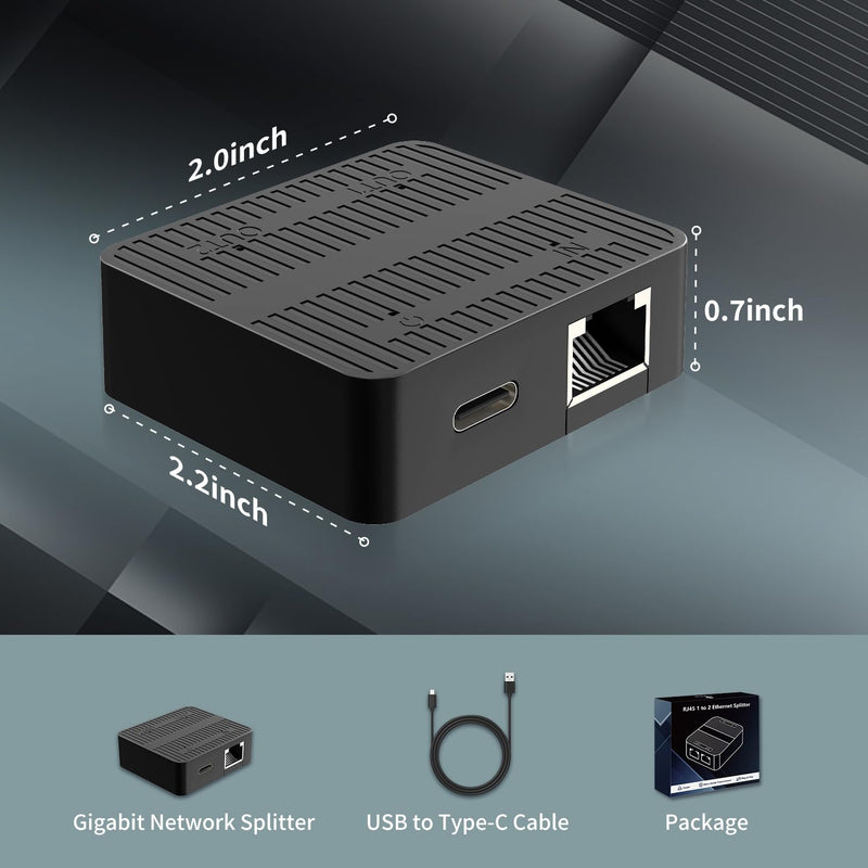 Gigabit Ethernet Splitter 1 to 2 Devices Simultaneously Networking, 1000Mbps High Speed LAN Splitter with USB-C Power Cable, Network Switch Hub Adapter for RJ45 Cat 5/5e/6/7/8 Cable
