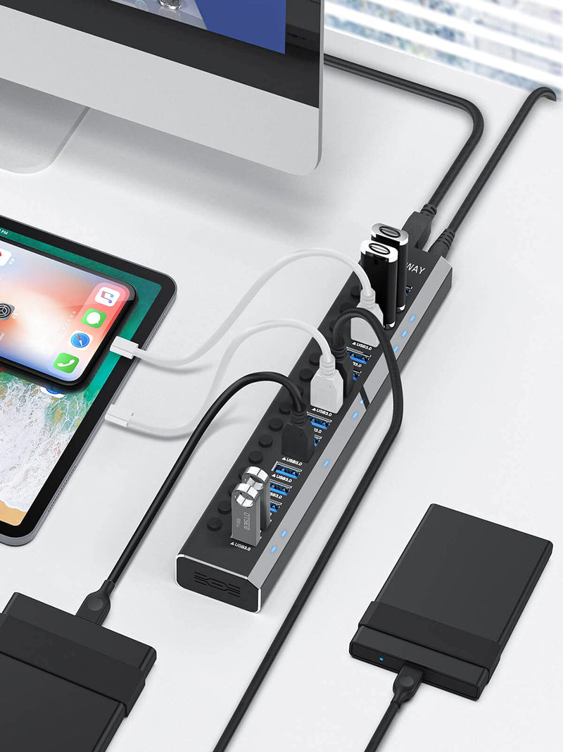 Powered USB Hub Rosonway 16 Ports 96W USB 3.0 Data Hub Aluminum USB Hub 3.0 Splitter with 12V/8A Power Adapter and Individual On/Off Switches RSH-A16 (Black) 16 Ports USB 3.0 hub Black