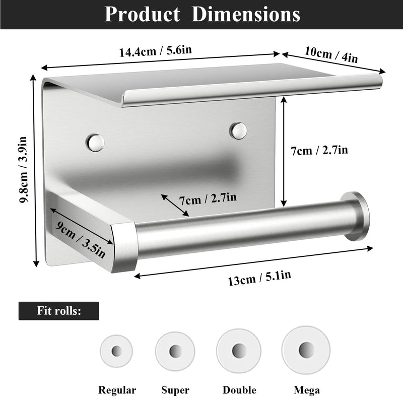 Tindbea Heavy Duty Toilet Paper Holder with Shelf, Adhesive or Screw Wall Mount Toilet Tissue Roll Holder, Rustproof & Multifunctional Stainless Steel Bathroom Storage Dispenser (Brushed Nickel) A-brushed Nickel