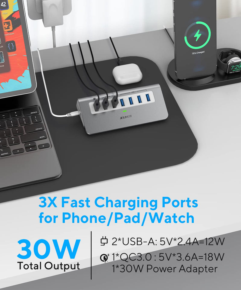 Powered USB-C 7-Port Hub, USB 3.2 Gen 2 Adapter - 4x 10Gbps Data, 3x 3.3ft Charging Ports, 30W Power Adapter for Laptop, PC, MacBook 7 Ports with Charger