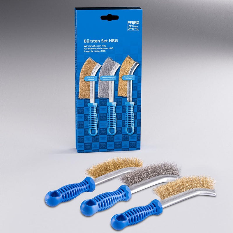 PFERD Tools HBG 43900005 Hand Brush Set with 1x Hand Brush with Trim Material Steel Wire (Brass-Plated), Stainless Steel Wire and Brass Wire Diameter 0.30 mm Curved for hard-to-reach areas
