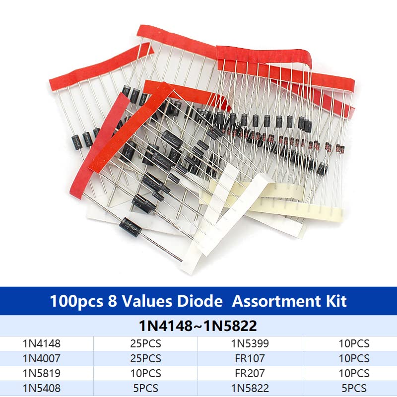Hailege 100pcs Schottky Rectifier Diode Assortment Kit Including 8 Values 1N4148 1N4007 1N5819 1N5399 1N5408 1N5822 FR107 FR207