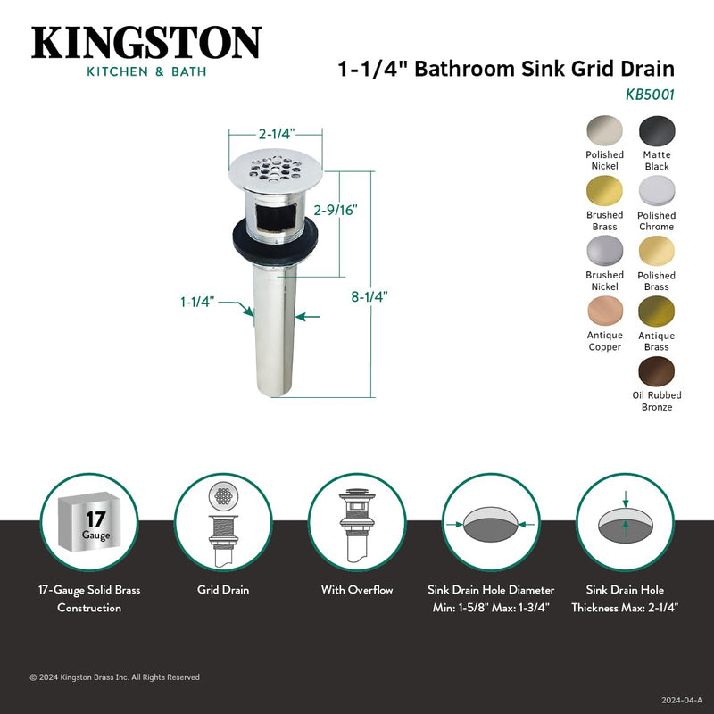 Kingston Brass KB5003 Grid Drain with Overflow, Antique Brass 8.25 x 2.25 x 2.25