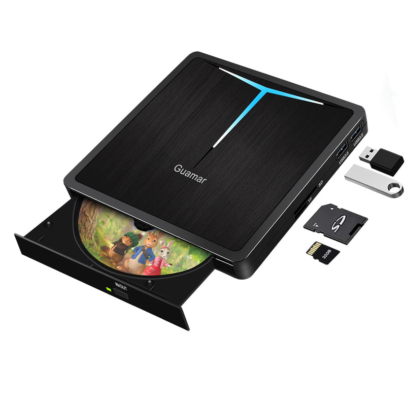 Guamar External CD/DVD Drive for Laptop, USB 3.0 USB-C DVD Player CD Burner with 2 USB Ports SD TF Slot, Portable CD DVD ROM Drive Disk Reader Writer for PC Mac MacBook Windows 11 Linux Light Black
