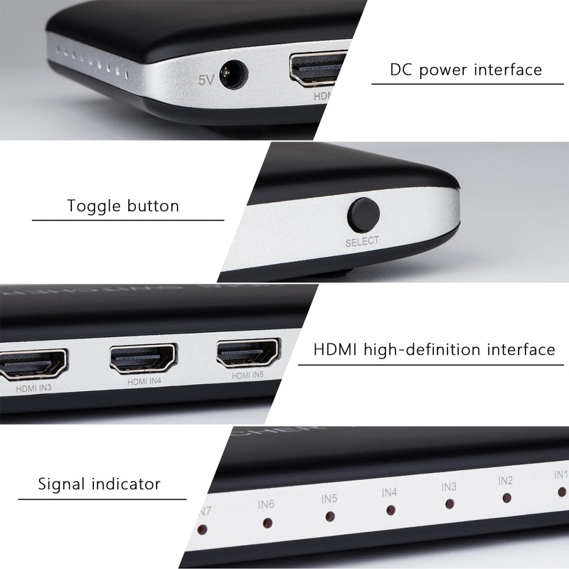 Univivi 7 Port HDMI Switch Version 2.0 4K@60Hz HDMI Switcher Support HDR & HDCP 2.2, Full HD/3D with IR Wireless Remote Control and Power Adapter HDMI 2.0 Switch - 7 port Black