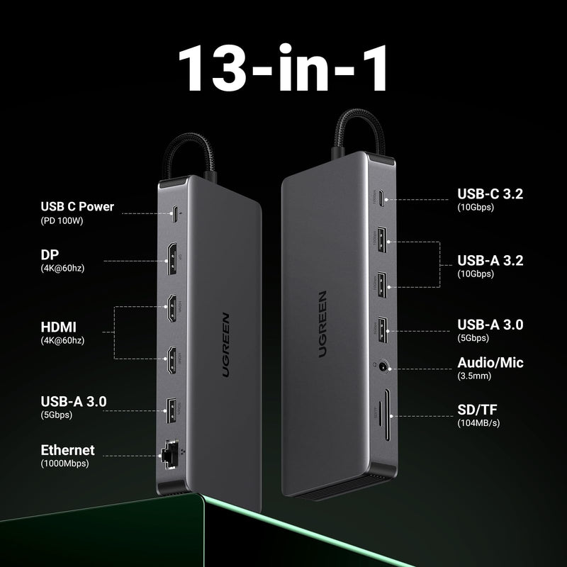 UGREEN Revodok Pro 313 Laptop Docking Station 13 in 1 4K Triple Display USB C Dock Dual HDMI, DP, 10Gbps Data Port 100W PD Gigabit Ethernet, SD/TF Card Reader Compatible for Thinkpad, Zenbook and more