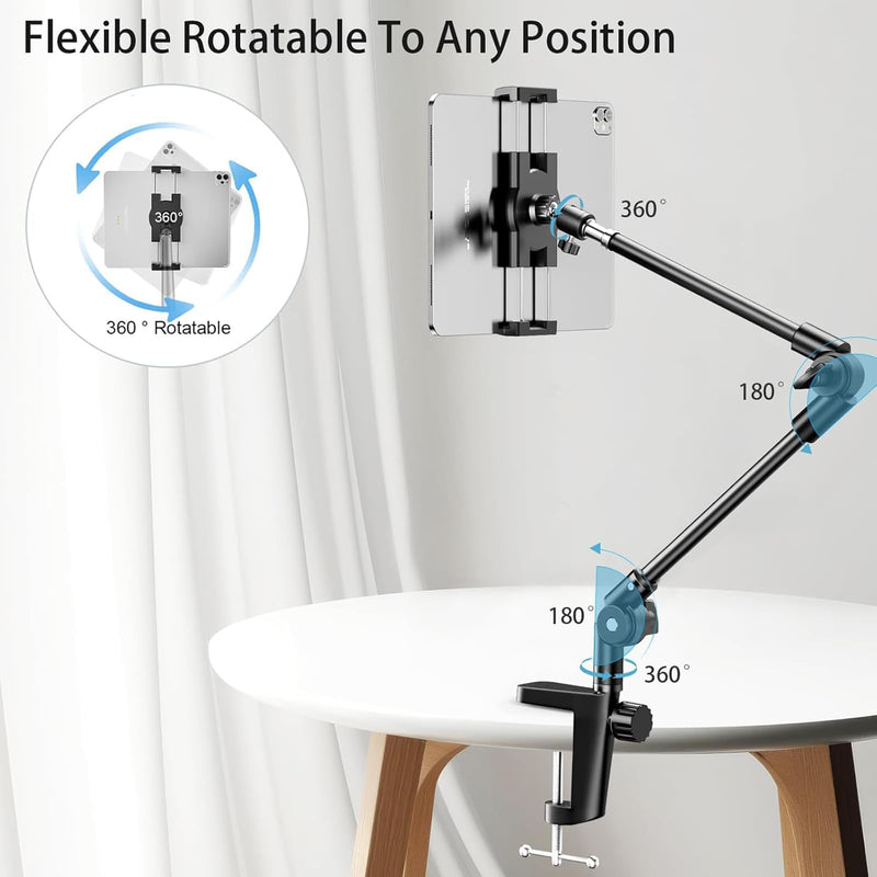 KDD Tablet Stand Holder, Adjustment iPad Phone Mount, 27in Long Arm Webcam Stand Projector Camera Mount for Desk, Fit for 4.7"-12.9" Devices, iPad Pro 12.9 Air Mini, Galaxy Tabs, Switch, iPhone Fit for 4.7"-13" Devices