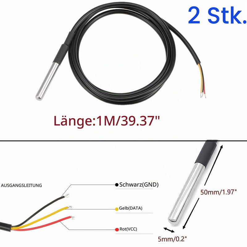 Pack of 2 Digital Temperature Sensors, Stainless Steel Temperature Sensor, Waterproof Probe, Temperature Sensor Cable for Temperature Monitoring