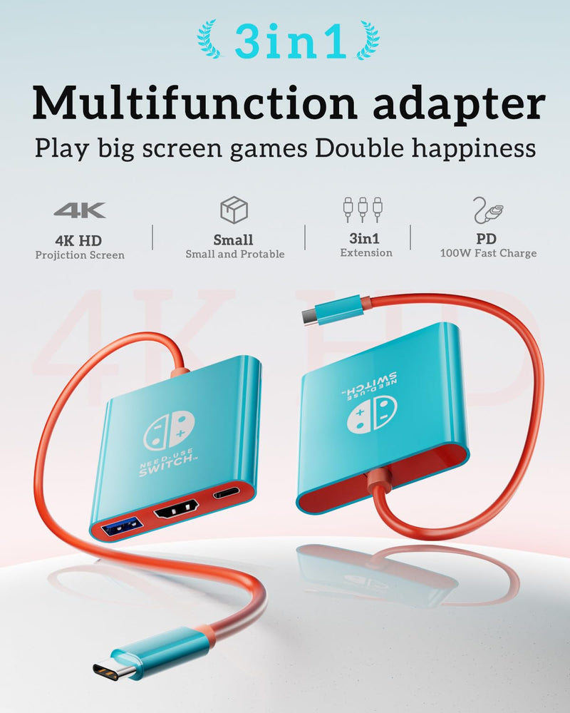 TV Dock for Switch 2, Docking Station for Switch/Switch OLED/Steam Deck/MacBook, Portable TV Adapter ＆ Travel Dock, Compatible with Nintend0 Switch 2, Supports 4K@60Hz HDMI 2.0a HDR, 100W PD, USB 3.0 Blue