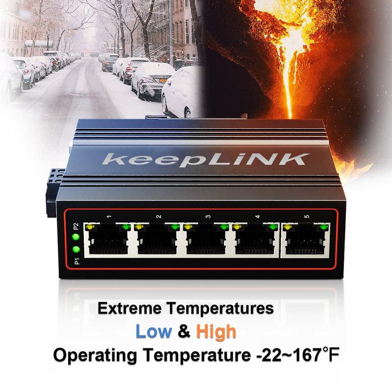 5-Port Industrial Ethernet Switch, Unmanaged 10/100Mbps DIN-Rail Network Switch, IP40, Operating Temperature Range of -30°C– 75°C (-22°F – 167°F) 5 port switch