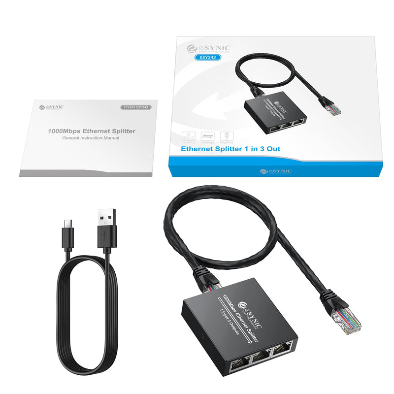eSynic Ethernet Splitter 1 to 3 Portable 1000Mbps High Speed Network Splitter Durable Metal Case Gigabit RJ45 Internet Splitter for LAN RJ45 ethernet Cable Splitter Work with Cat5/5e/6/7/8 Cable ESY243