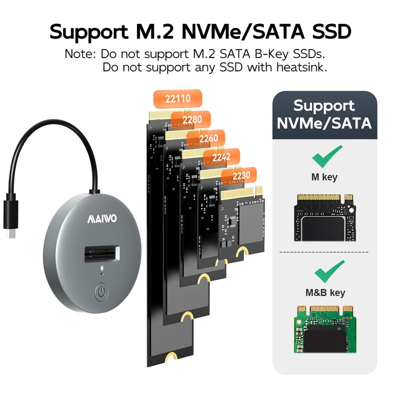 MAIWO M.2 NVMe SATA SSD to USB C Adapter, USB3.2 GEN2x1 10Gbps with UASP Trim, 8TB Capacity, Tool Free M.2 Drive Docking Station NVMe+SATA