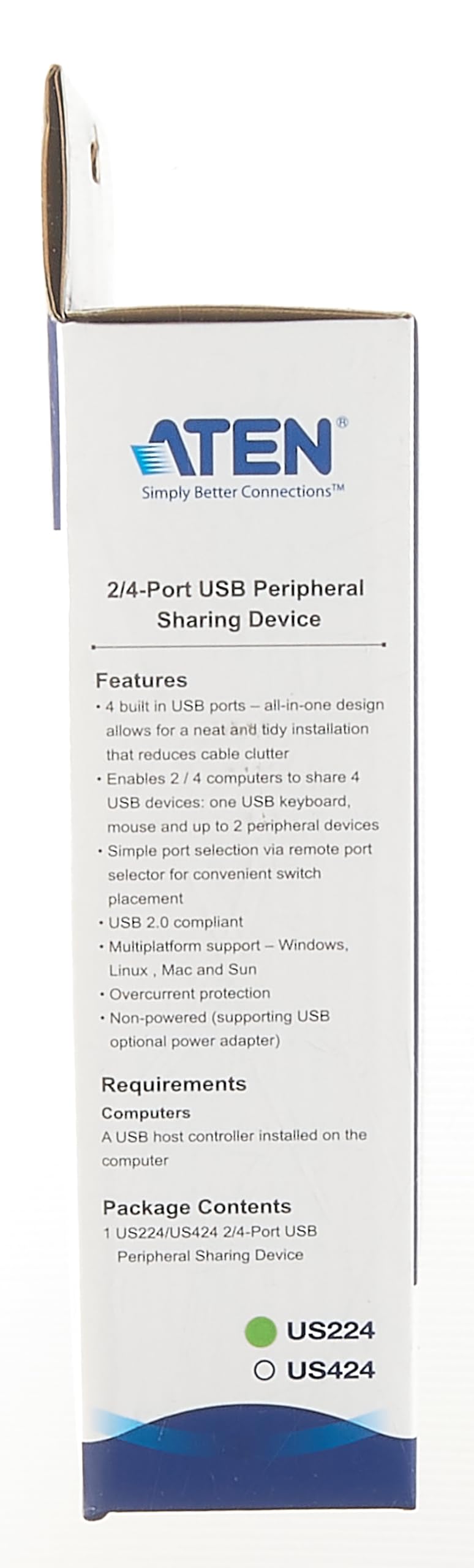 ATEN US224 2 x 4 USB 2.0 Peripheral Sharing USB Switch 2 Computers Share 4 Devices Simple Remote Port Selector Included Supports Optional USB Power Adapter - Windows Mac Linux