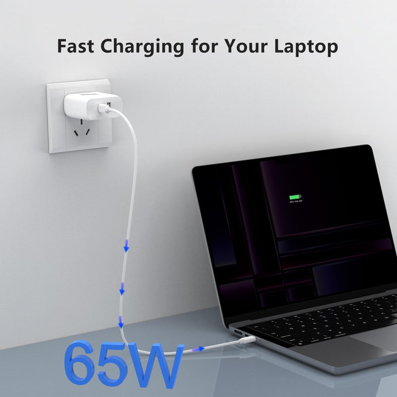 65W USB C Charger, Fast Charger Block 2-Port Power Adapter for MacBook Pro/Laptop/iPhone 15 Smart Phone/Tablet/Monitor/iPad Pro/Galaxy/Pixel with 6.6 ft USB-C Cable Dual Port Charging Qackenm