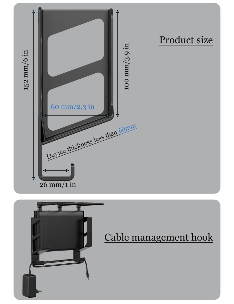 Universal Wall Mount Shelf for Modem/Router/Mac Mini/Apple TV/ROKU, Fits Cable Box Behind TV, Compatible with Wall Mount for Laptop/Mac Mini/DVR/DVD Media Players (Black) Black