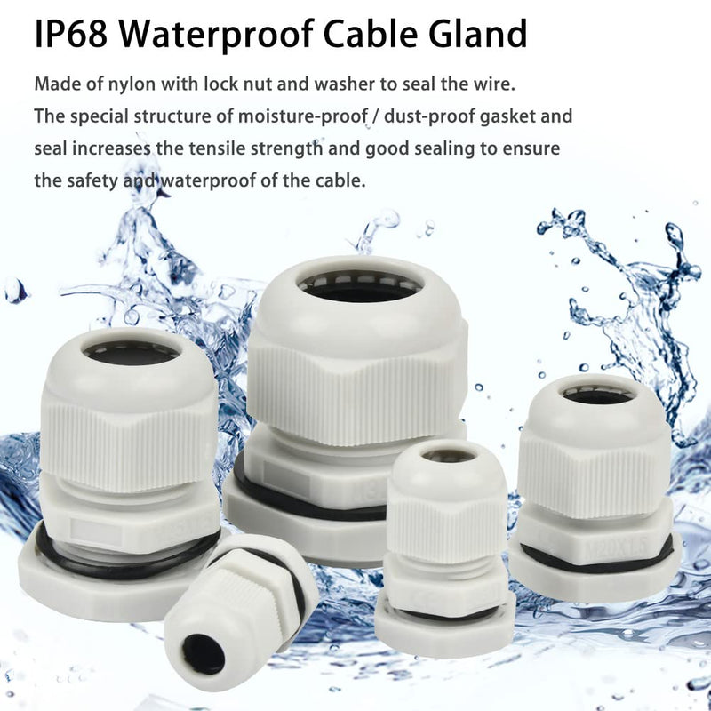 DODUOS 44 piece cable gland set IP68 waterproof closure cable gland, adjustable cable gland M12, M16, M20, M25, M32 - nylon plastic, white