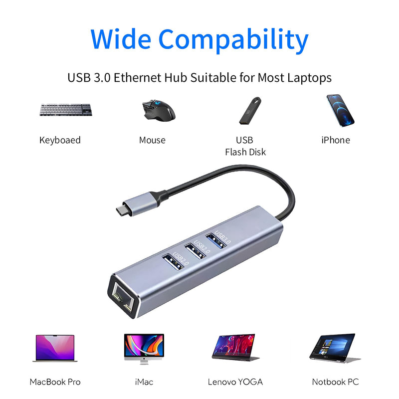 USB-C to Ethernet Adapter, 3-Port USB 3.0 Hub with RJ45 10/100 Ethernet Adapter(2X USB2.0 and 2xUSB3.0) Aluminum Network, Compatible with iMac, PC, Chromebook Laptops, C