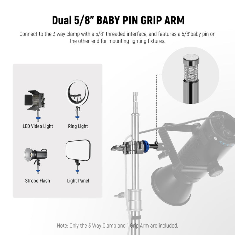 NEEWER 3 Way Clamp with 4.1in/105mm 5/8" Baby Pin Stud for 1"-1.4"/25-35mm Tube C Stand Boom Arm Grip Arm Photography Light Stand, Stainless Steel for LED Video Light Flash, Max Load 22lb/10kg, UA045
