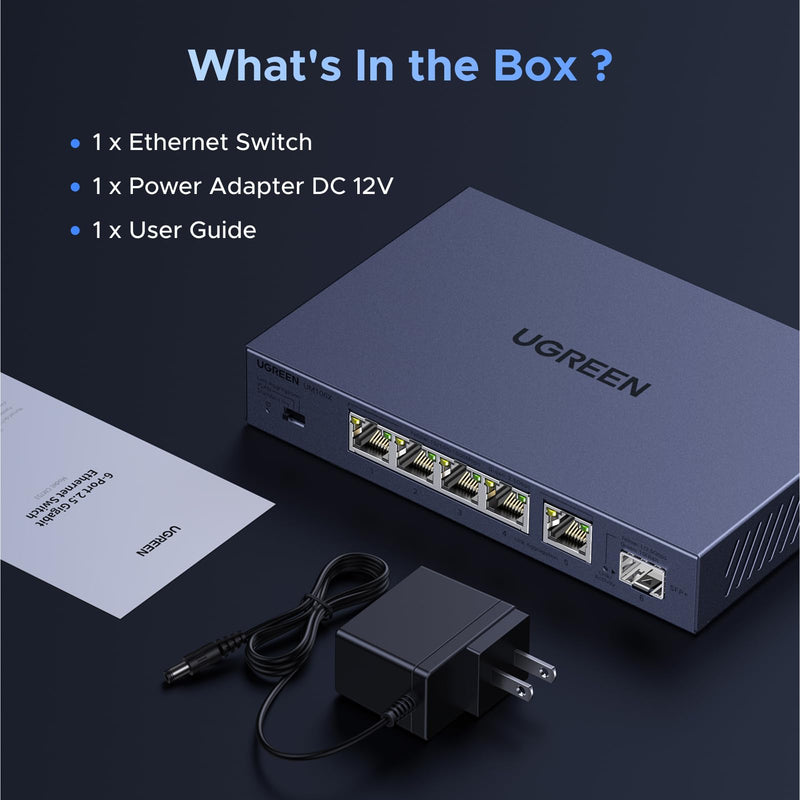 UGREEN 2.5Gb Switch, 6-Port Ethernet Switch, 5 x 2.5Gb Uplink + 1 x 10Gb SFP+, Standard/Link Aggregation to 5Gbps/VLAN 3 Modes, Plug & Play Unmanaged Splitter, Desktop/Wall Mount, Metal, for NAS, PC