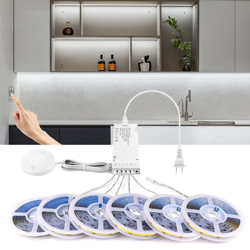 AIMENGTE Cabinet Light, LED Strip Lights, 6-in-1 12V COB Under Cabinet Lighting with Penetrable Touch Dimming, Energy-Efficient, for Wine Cabinets, Shoe Racks, Wardrobes, Kitchen Cabinets Cold white 6500K 3.3ft