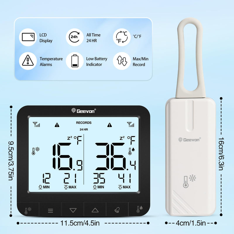 Geevon Digital Refrigerator Thermometer with Alarm, Low Battery Warning Icon, Max/Min Temperature LCD Display, Suitable for Domestic or Commercial Use Freezer Thermometer with Alarm