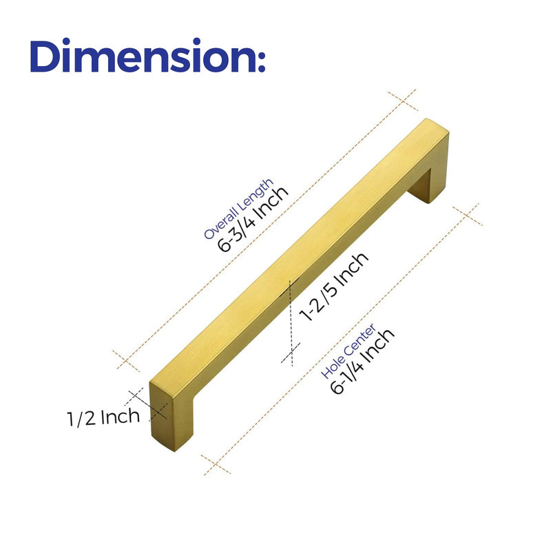 Ravinte 10 Pack 6-1/4 Inch Square Cabinet Handles, Brushed Brass Finish, Stainless Steel Kitchen Hardware Pulls with 6-1/4" (160mm) Hole Center for Cabinets, Gold 6-1/4 inch Hole Center