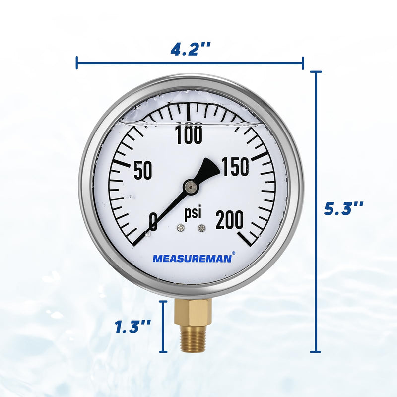 MEASUREMAN Glycerin Filled Plumbing Pressure Gauge 0-200psi Stainless Steel Case, 4" Dial 1/4" NPT Brass Lower Mount, Suitable for Pneumatic Tools, Water Filtration & Industrial Hydraulic Systems