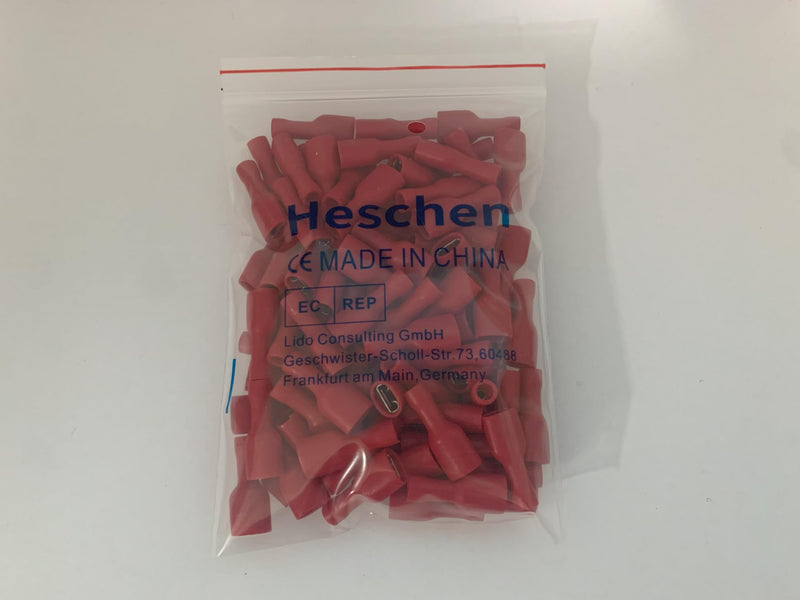 Heschen quick coupling socket vinyl fully insulated, FDFD1.25-250, 6.3 x 0.8 mm cable lug, for 0.5-1.5 mm² (22-16 AWG), red, 100 pieces