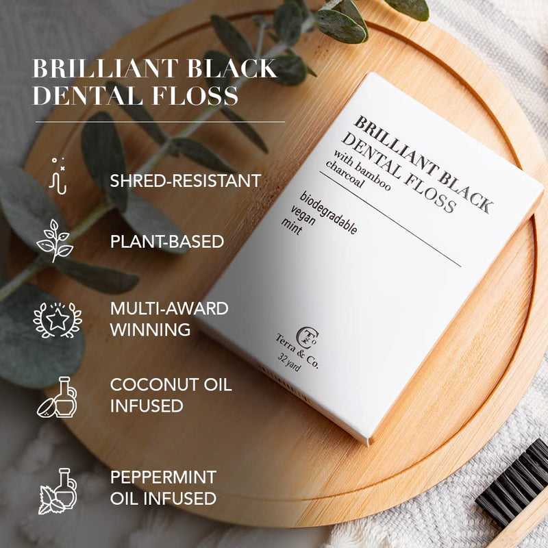 Terra & Co., Brilliant Black Dental Floss (3 Pack) | Organic Teeth Whitening Products | All Natural, with Activated Bamboo Charcoal | Vegan & Cruelty Free | Luxury Dental Care 96 Foot (Pack of 3)