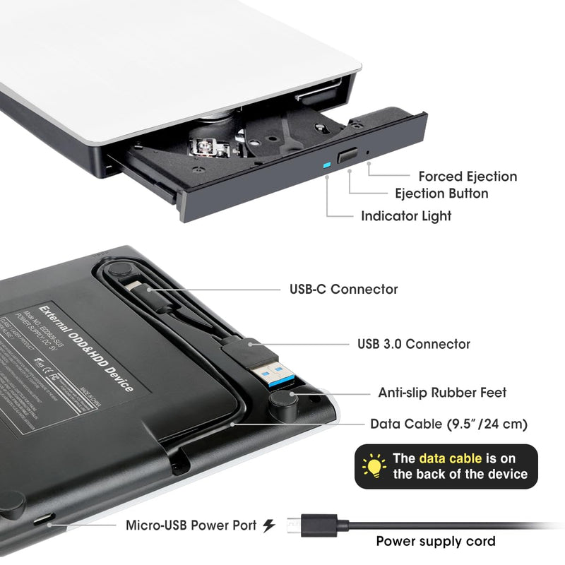 ROOFULL External CD DVD Drive for Mac Laptop, USB 3.0 & USB-C CD DVD Reader Writer Burner Player ROM/RW Portable Optical Disc Drive for Apple MacBook Pro, iMac, Windows 11/10/8/7 Computer PC, White 2 In 1 (White)