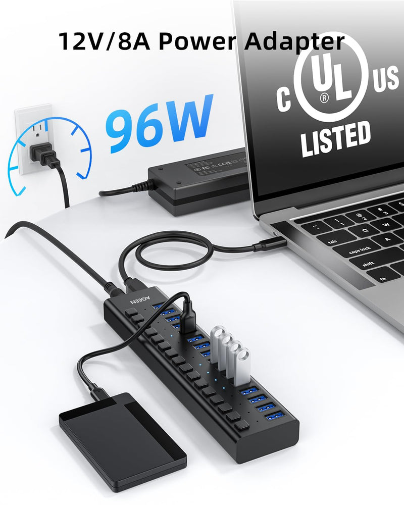AGEEN 16-Port USB 3.2 Gen 2 Hub, 10Gbps High-Speed Aluminum Powered Hub with 96W Adapter, Individual Switches & Surge Protection for PC/Laptop, Flash Drive, Printer, Camera