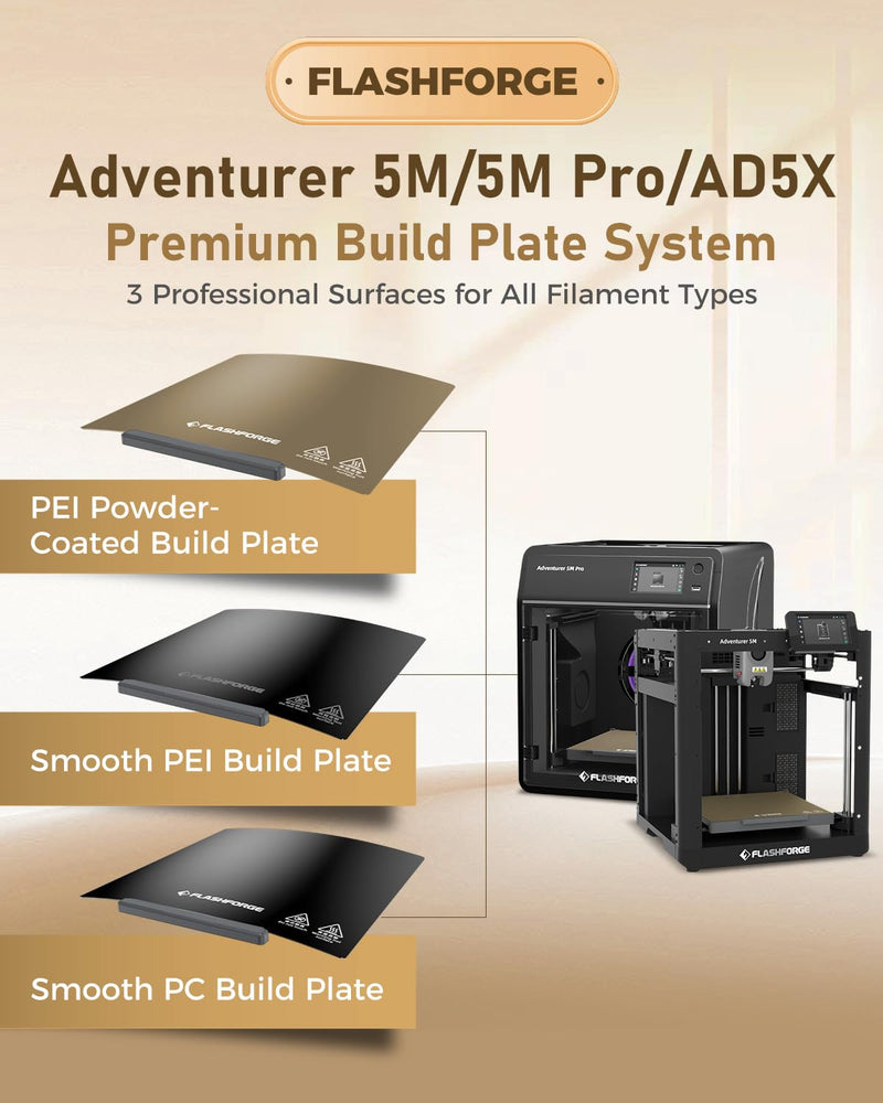 FLASHFORGE Adventurer 5M/5M Pro/AD5X Smooth PEI Build Plate, Magnetic Flexible Heated Bed Platform - Tool-Free Removal, Auto Separation After Cooling, Glue-Free Printing for PLA/PETG/TPU/CF