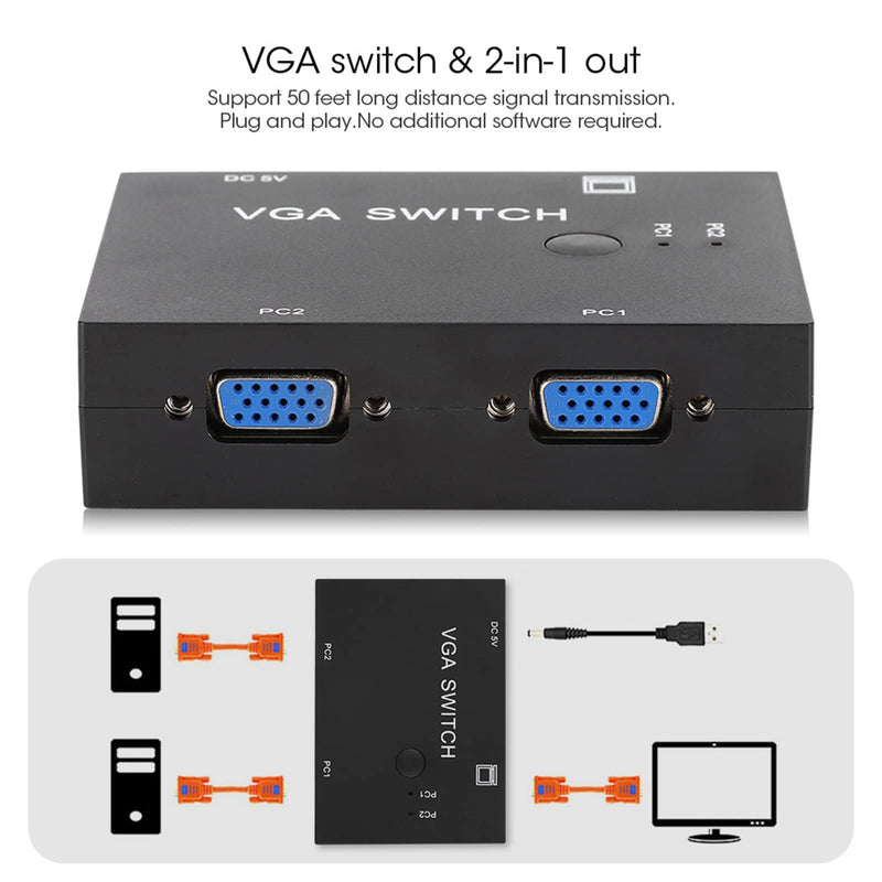 VGA Splitter Switcher, 2 in 1 Out 2 Port, Support 50ft Distance, Outdoor LED Display Connection, Plug and Play for 1 PC to Monitor Computer