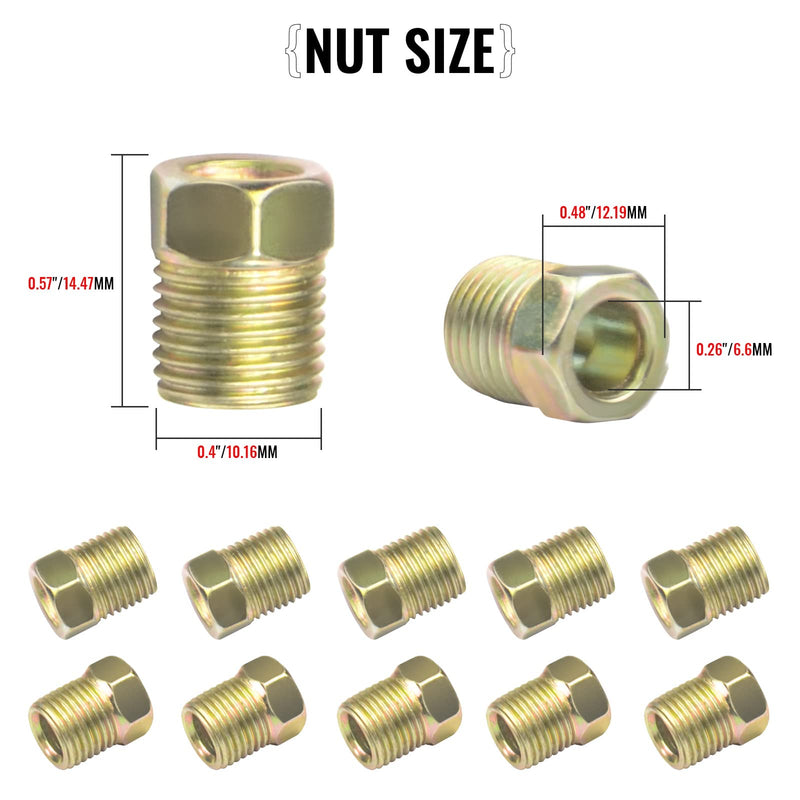 Brake Line Fittings for 1/4 inch Brake Line Tube, 7/16-24 Threads, 15 Pieces (5 Unions, 10 Nuts) 15pcs for 1/4 tube