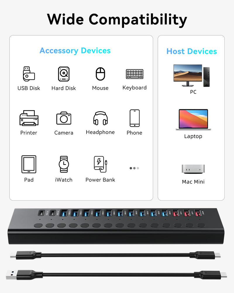 Powered USB Hub, 16-Port USB C Hub Splitter (10 USB 3.0+2 Quick Charging+2 Smart Charging+2 USB C) with Individual Switches, 90W Power Adapter for PC