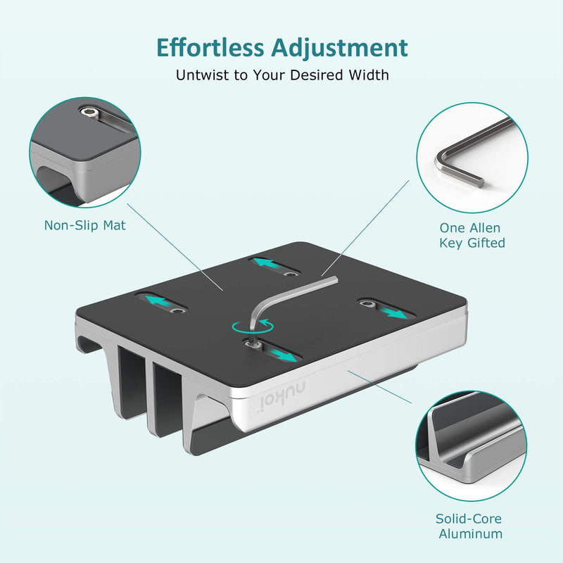 Vertical Laptop Stand - SPACEMax Adjustable GRIPLock Anti-Tip Silicone 4 Slots Aluminum Desktop Holder - Double Dock Stand - 2 Phone Slots Fits Up to 17.3” Laptops, Tablets, Phones - Silver