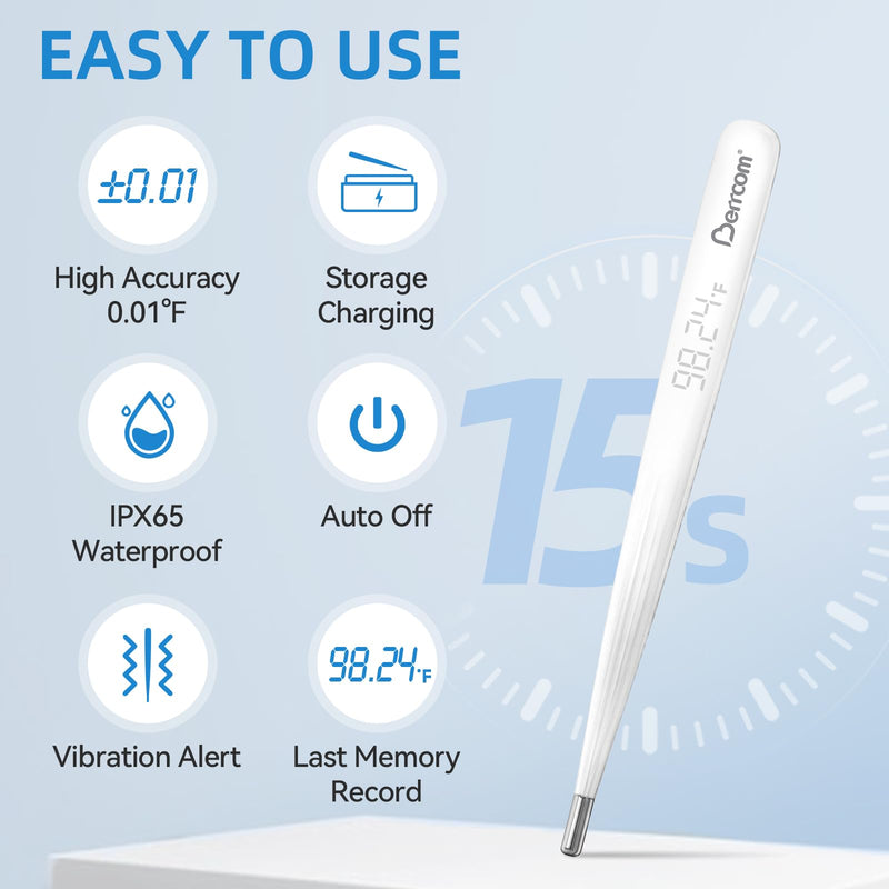 Berrcom Rechargeable Digital Thermometer for Adults & Kids, Medical-Grade Accurate Fast Reading for Oral & Underarm Use with LED Display & Fever Alert AET-F372