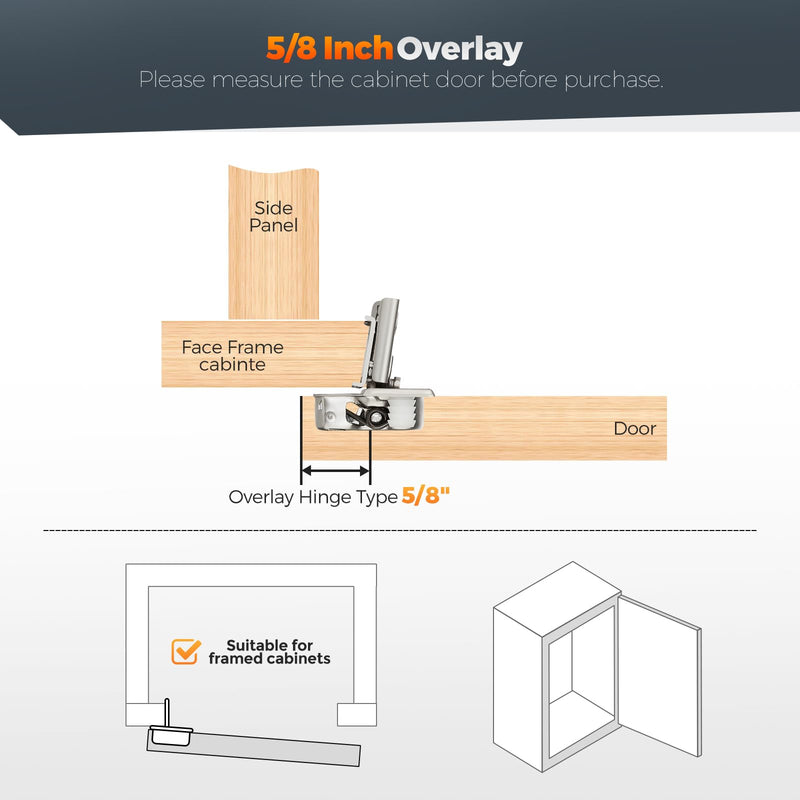 10 Pack (5 Pairs) 5/8" Overlay Soft Close Cabinet Hinges, Satin Nickel Stainless Steel Concealed Hinges with 3D Self-Closing for Face Frame Doors & Kitchens 5/8 inch overlay 10