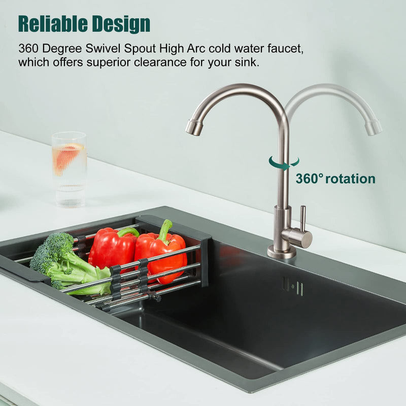 Heyalan Cold Water Only Kitchen Faucet SUS304 Sink Faucets High Arc Gooseneck 360 Degree Rotation Spout Basin Tap with Longer Thread Pipee,Brushed Nickel Brushed Nickel 1