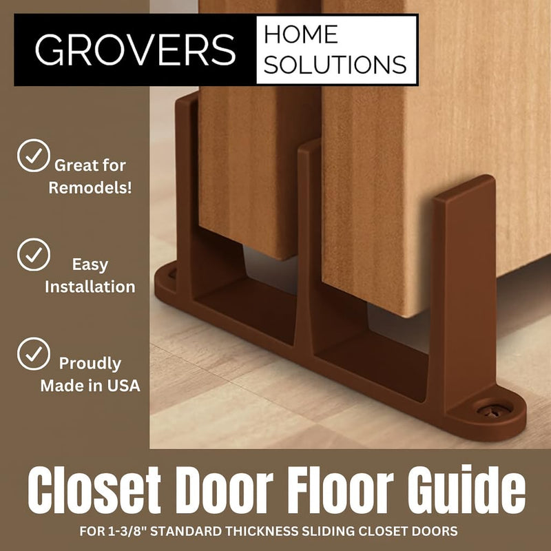 3-Pack Sliding Closet Door Floor Guide Bracket | Universal Fit for 1-3/8" Width Bypass Doors (Brown) | Grovers Home Solutions Brown 3