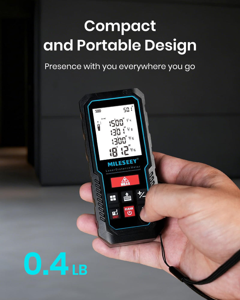 Laser Measure Device, MiLESEEY 393ft Digital Laser Tape Measure with Upgrade Electronic Angle Sensor, 2mm Accuracy, Area Measurement,Volume and Pythagoras, 2" LCD Backlit,Mute, Battery Included