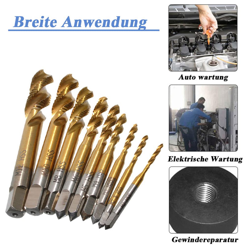 Mesee 9 pieces spiral tap, HSS titanium coated tap, spiral groove drill machine tap set, metric thread steel tap set tools - M2 M2.5 M3 M4 M5 M6 M8 M10 M12