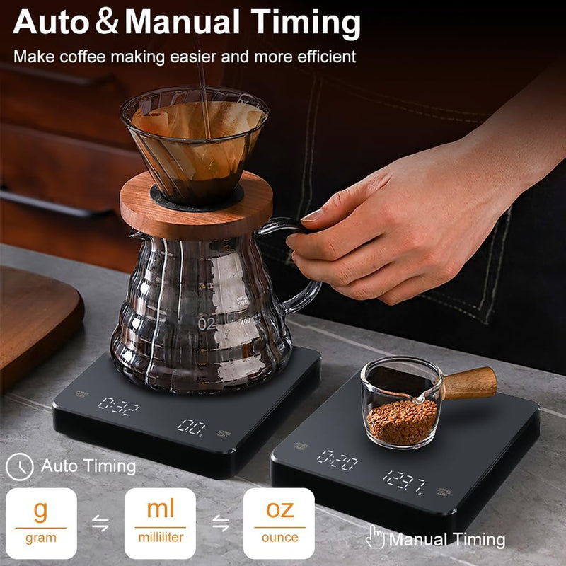 OBEST Mini Coffee Scale with Timer, Portable Kitchen Food Scale with Invisible Screen Rechargeable Digital Coffee Scale Espresso Scale with Timer 3kg/0.1g Precision Scale Black