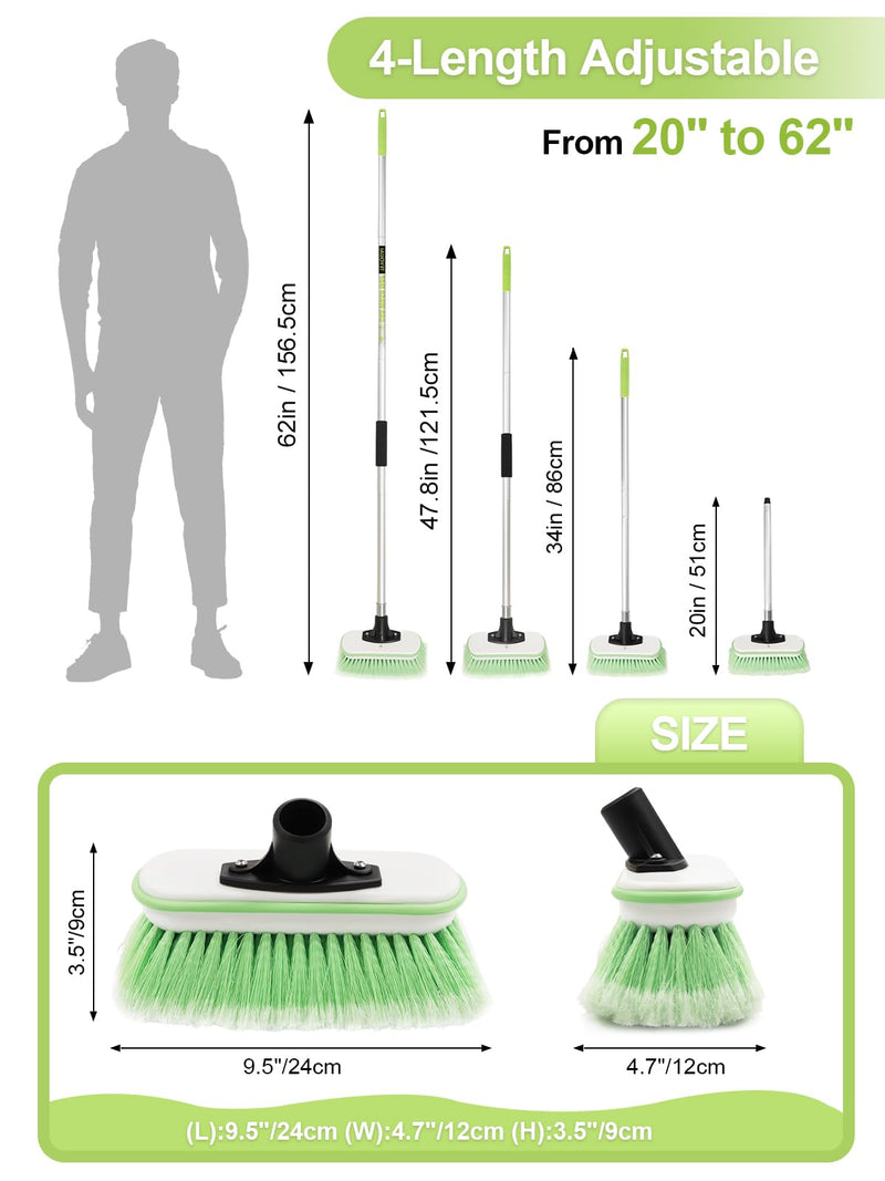 Boat Brush Telescoping Handle 4 Section Marine Scrub Extendable 20" to 62" Metal Connector Deck Auto Window Wall Floor Cleaning Heavy Duty 9.5" x 4.7"x3.5" Head